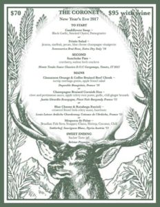 New Years Eve Dinner Menu, Courtesy of The Coronet in Tucson, AZ.