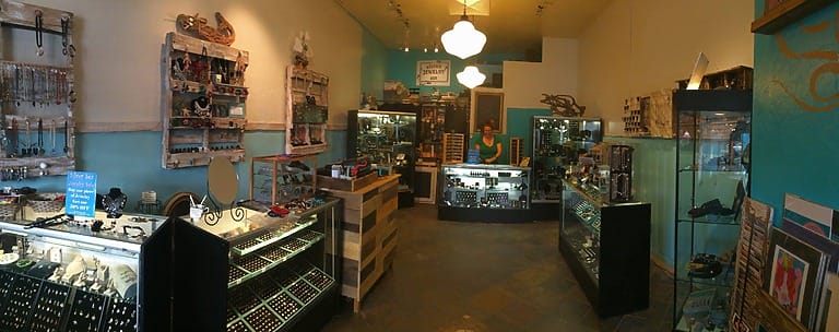 Charming jewelry store with vintage displays.
