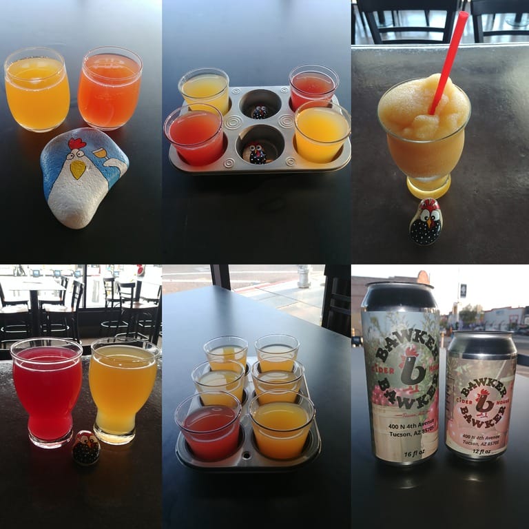 Colorful drinks and painted rocks on tables