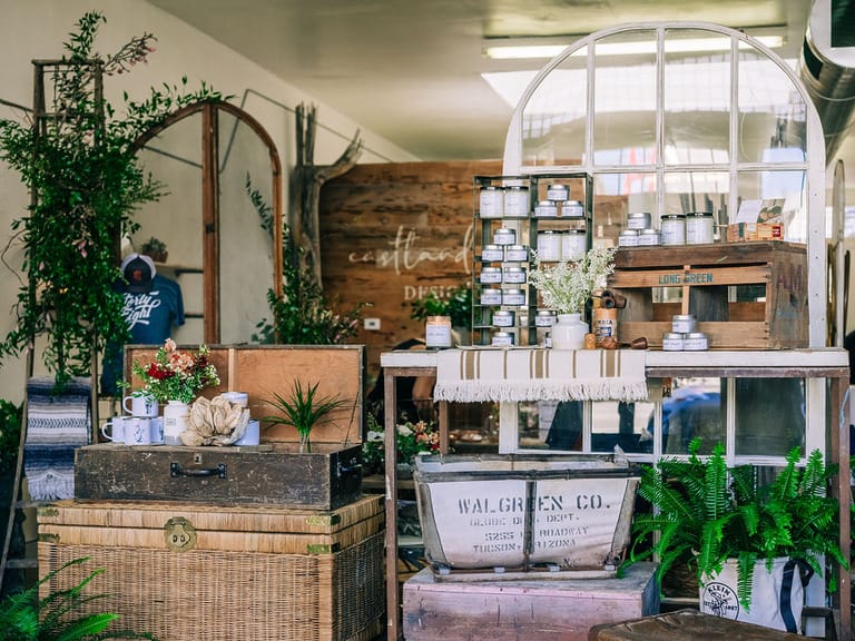 Rustic display with plants and candles