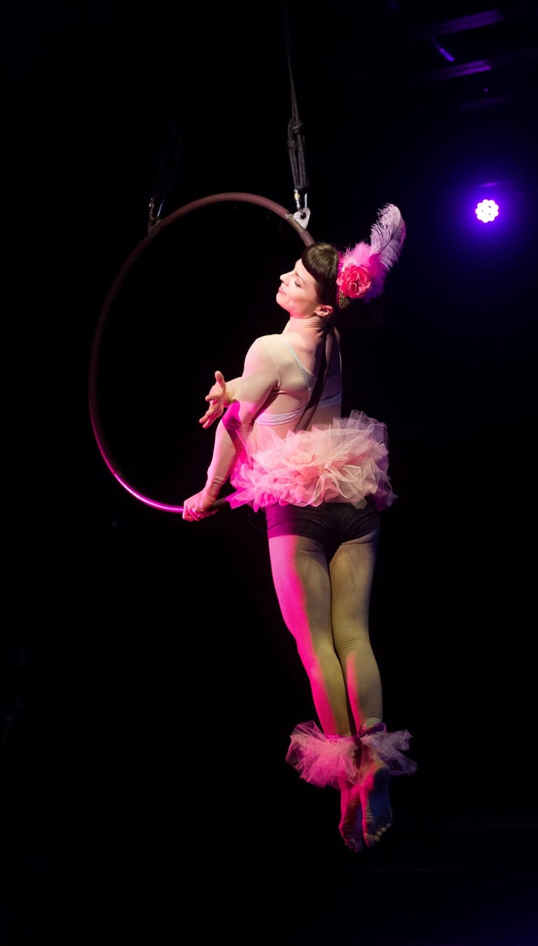 Aerial performer in colorful tutu.