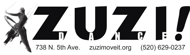 ZUZI! Dance banner with aerial performer