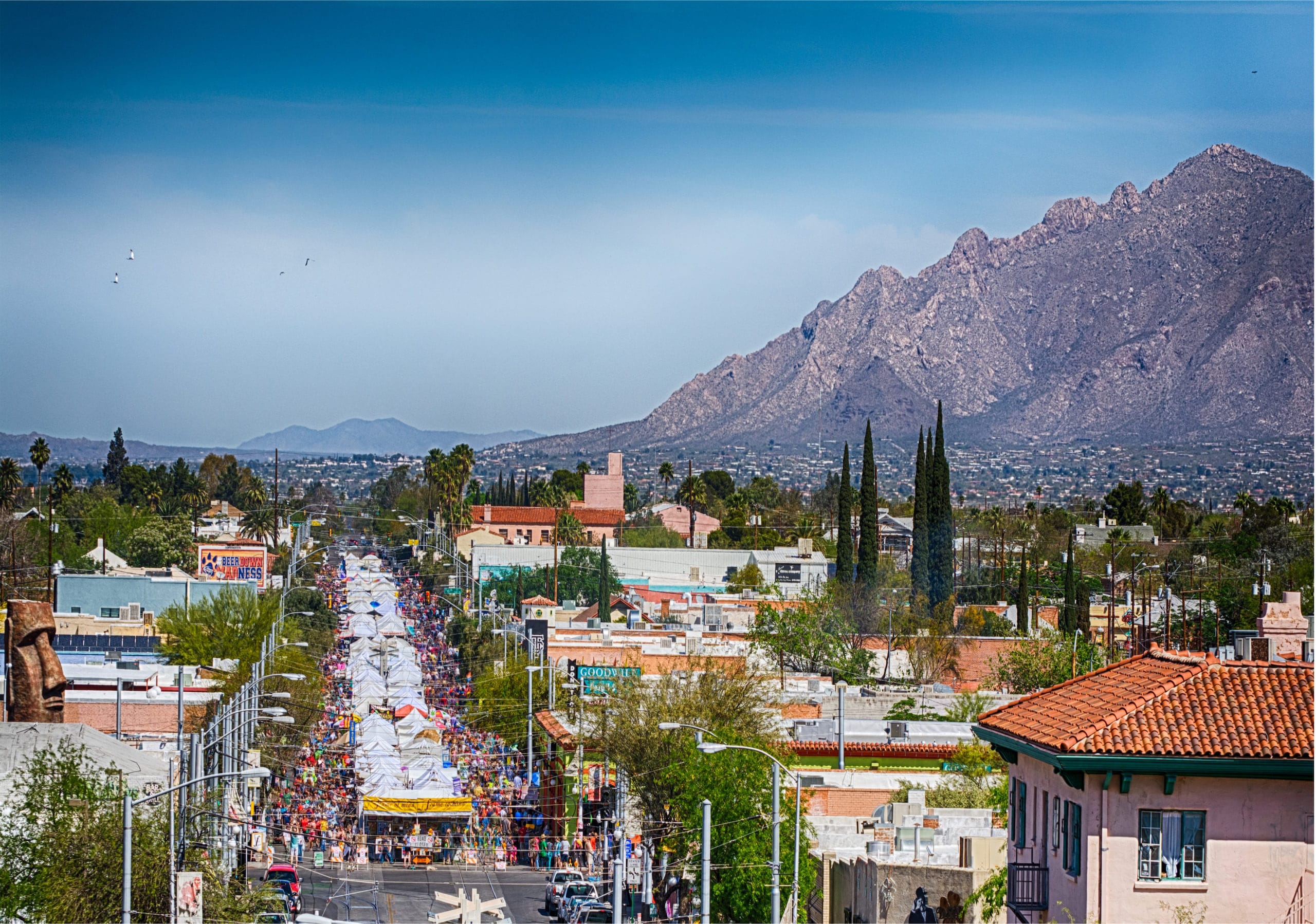 Busy street fair with tents and mountain backdrop.